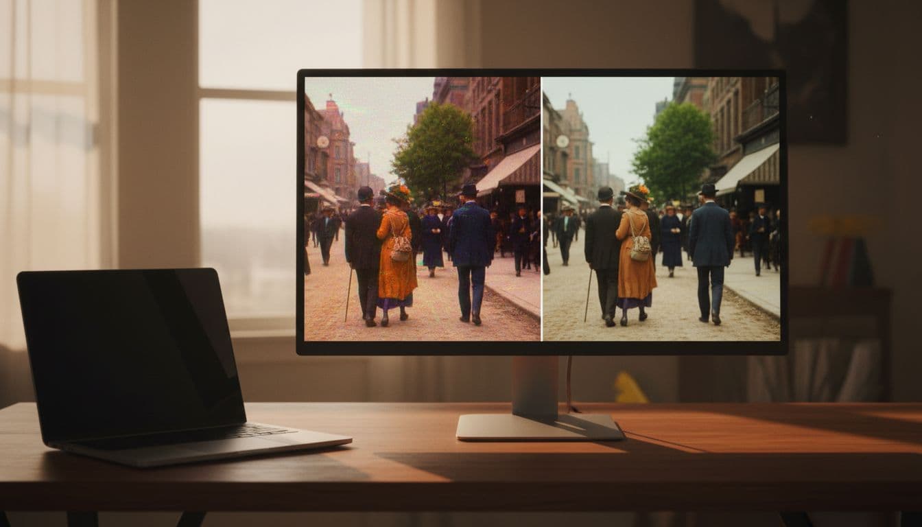 Split screen on a laptop monitor in a home office: left side shows oversaturated colorized video with unnatural skin tones and flicker, right side displays the corrected natural version after simple edits, warm lighting, no extra devices or people.