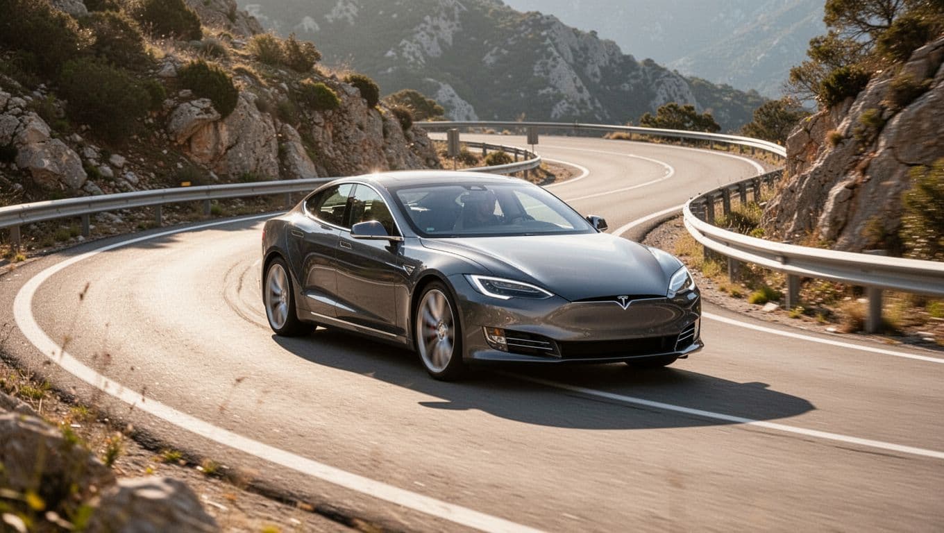 A sleek BMW 3 Series sedan cornering sharply on a winding mountain road during daytime, dynamic low-angle action shot emphasizing sporty handling in realistic photography style with bright natural light.