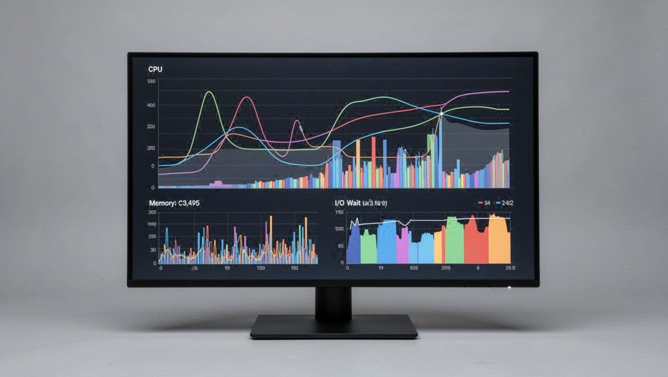 Simple overview screen of key SQL Server health metrics including CPU, memory, I/O waits, and blocking visualized as line and bar charts on a neutral gray background, in a clean modern graphic style on a flat monitor.