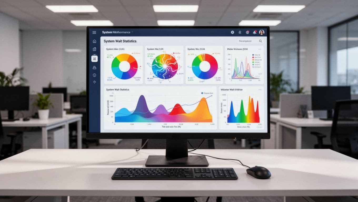 Database performance dashboard on a computer screen displaying colorful charts and graphs for SQL Server waits like CXPACKET and PAGEIOLATCH over time, in a modern professional office setting with keyboard and mouse.