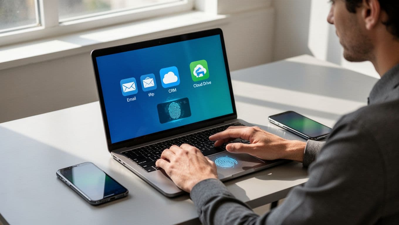 Simple vector illustration of SSO login using one password to unlock multiple app icons like email, CRM, and cloud drive, combined with MFA steps including fingerprint scan and phone notification, set in a clean modern workspace with one person at a desk using a laptop.