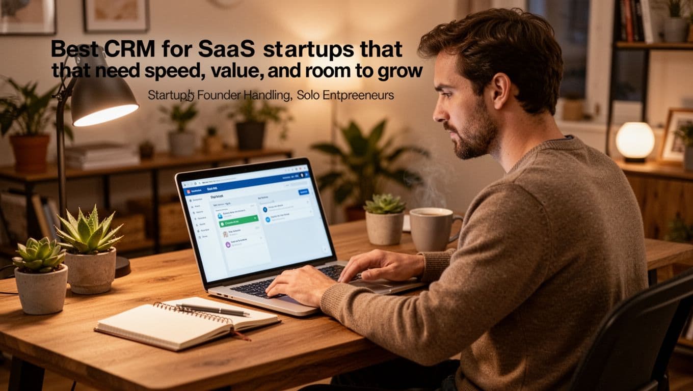 Solo entrepreneur seated at desk in cozy home office with open laptop showing simple CRM interface, notebook, and coffee. Concentrated yet relaxed pose under warm indoor lighting, photorealistic style.