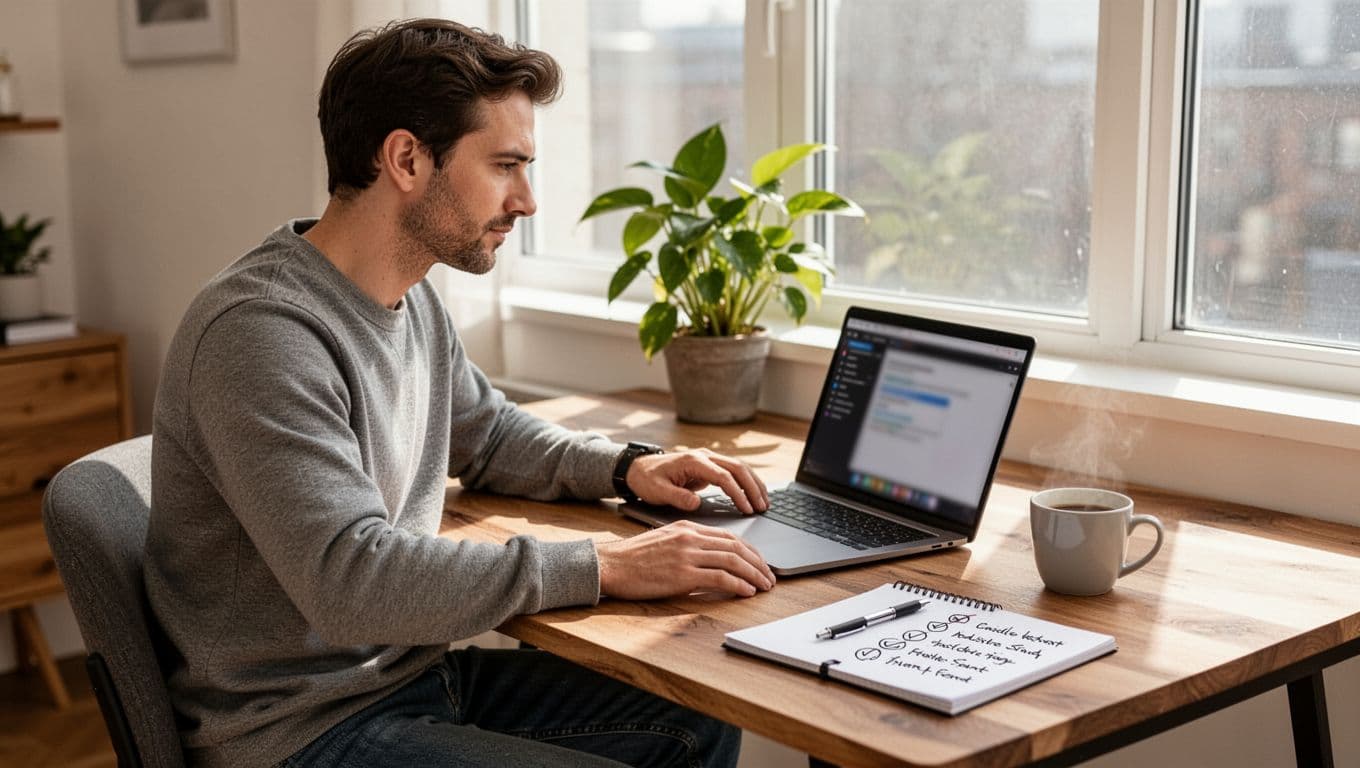 A single startup founder in casual attire sits at a modern wooden desk in a bright home office, laptop open to a blurred CRM dashboard, with notepad, pen, coffee mug, and potted plant nearby under natural daylight.