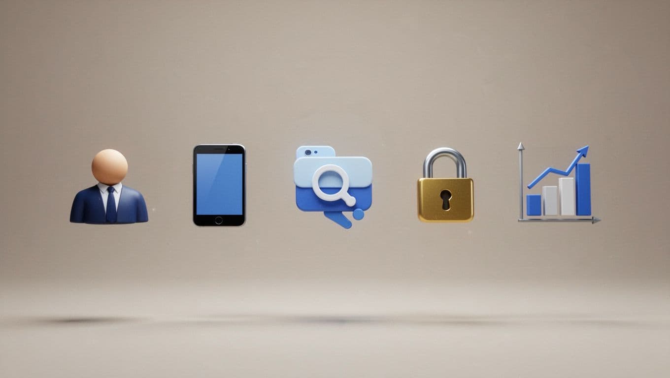 Step-by-step flowchart depicting inventory of identities, policy setup, and metrics dashboard for zero trust rollout, using simple icons for people, devices, apps, locks, and charts on a neutral background in professional illustration style.