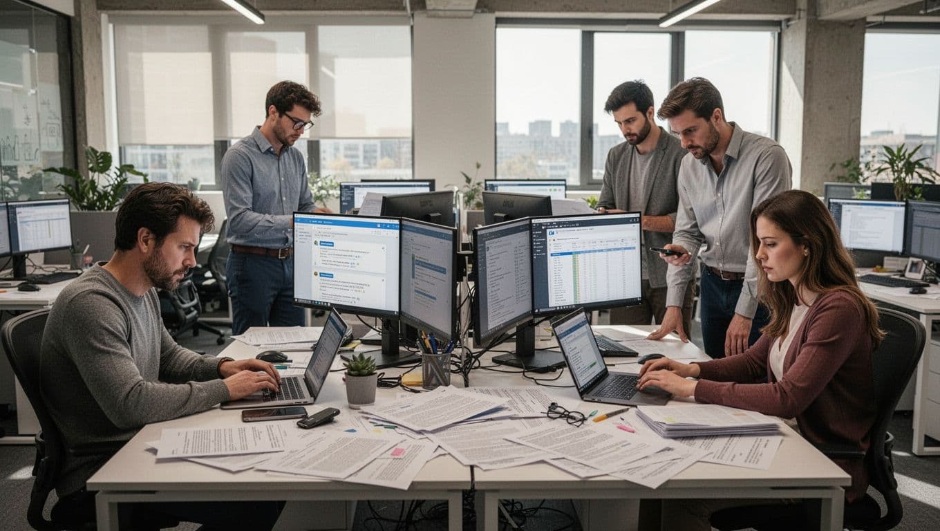 Busy marketing agency office with four stressed team members at desks and standing, surrounded by screens, laptops, phones showing emails and spreadsheets, scattered papers in a modern open-plan setting with natural daylight.