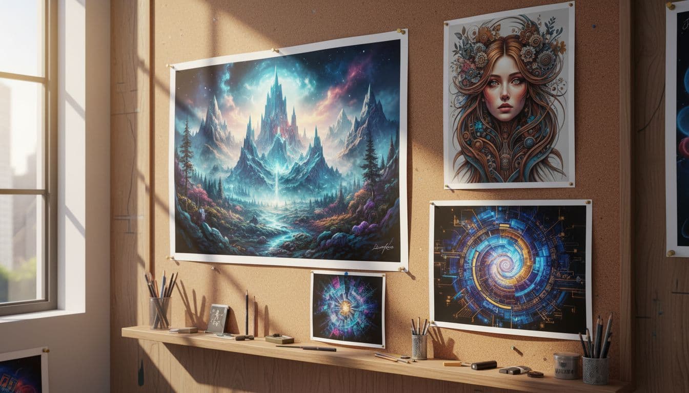 Artist's corkboard in a bright studio displaying high-resolution prints of AI-generated artworks: detailed landscape, portrait, and abstract design, pinned with thumbtacks amid pencils and erasers on a wooden wall. Photorealistic scene with natural window light, sharp focus on fine details.