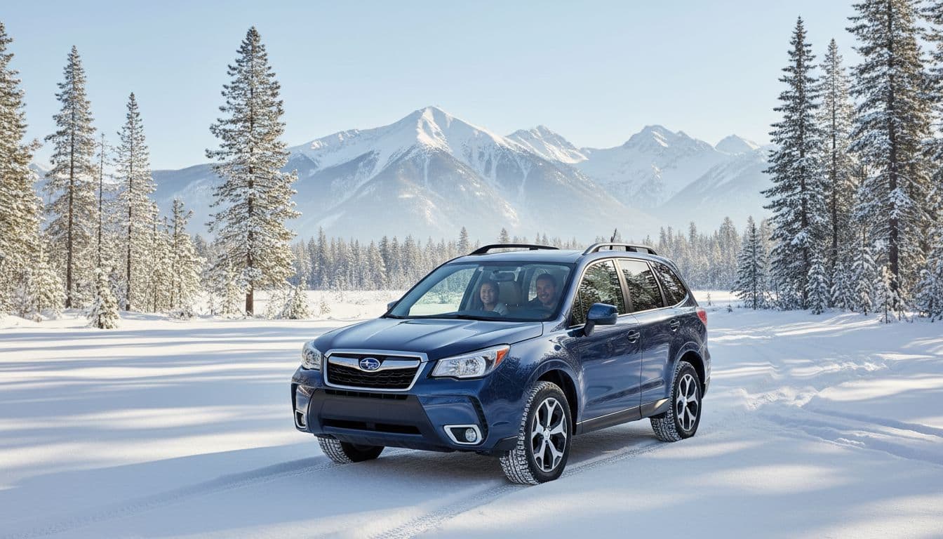 Subaru Forester SUV parked in a snowy forest clearing with mountains in the background, a family of four smiling inside through the windows, highlighting excellent visibility from high seats and AWD traction in light snow.