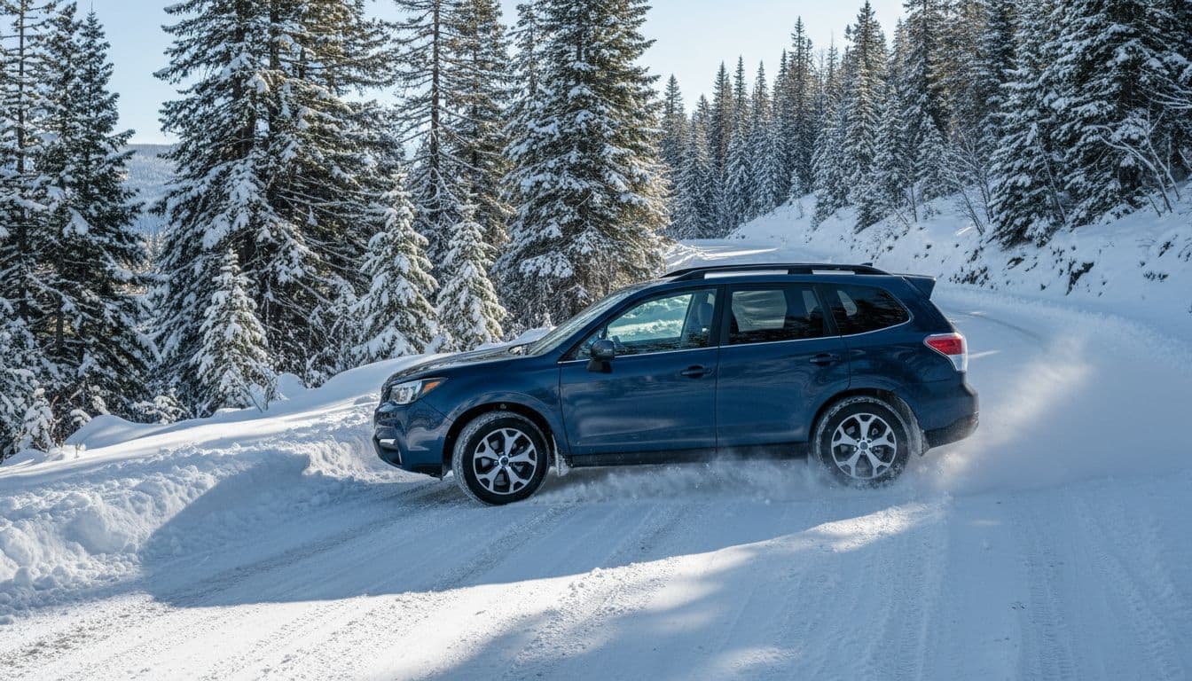 Subaru Forester navigating a snowy mountain road in winter, highlighting all-wheel drive action on rugged terrain with snow-covered trees.