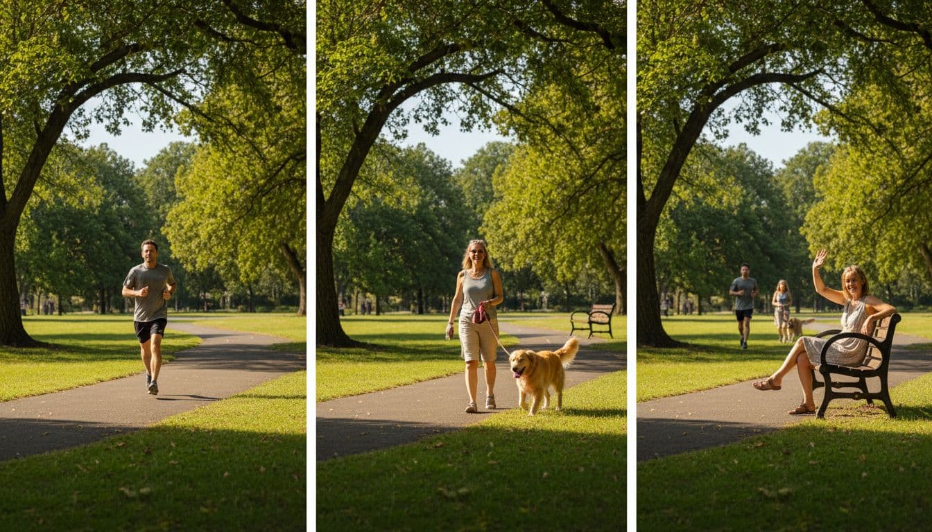 Photorealistic park scene on a sunny afternoon featuring one person running on the path, another walking a dog on a leash, and a third waving from a bench, implying sequential motion.