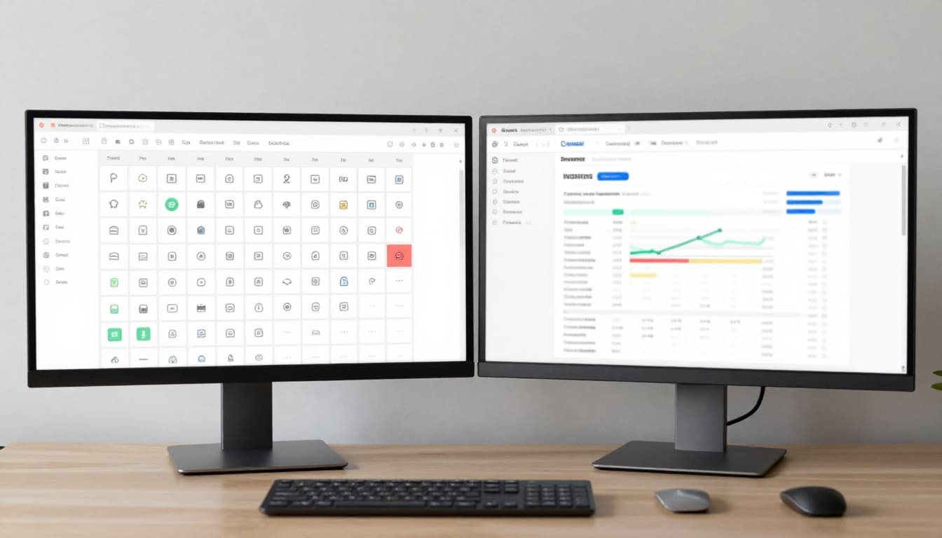 Photorealistic split-view on two side-by-side monitors in a neutral office workspace: left shows simple task board, right displays full PSA dashboard with resources, budgets, and invoices; daylight lighting, laptop nearby, no people, blurred generic interfaces.
