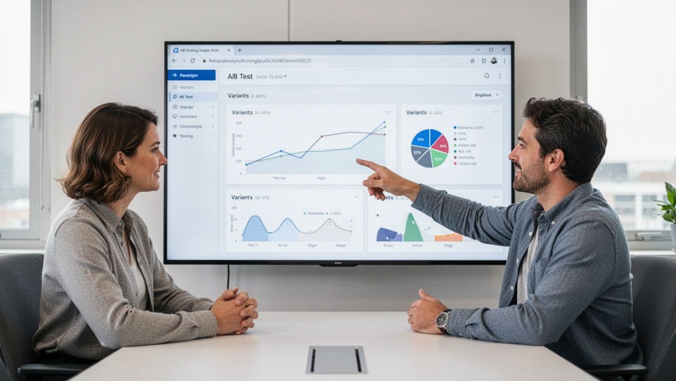 Two colleagues in a bright conference room casually discuss A/B test results displayed on a large monitor, with one pointing at a graph showing variant comparisons.