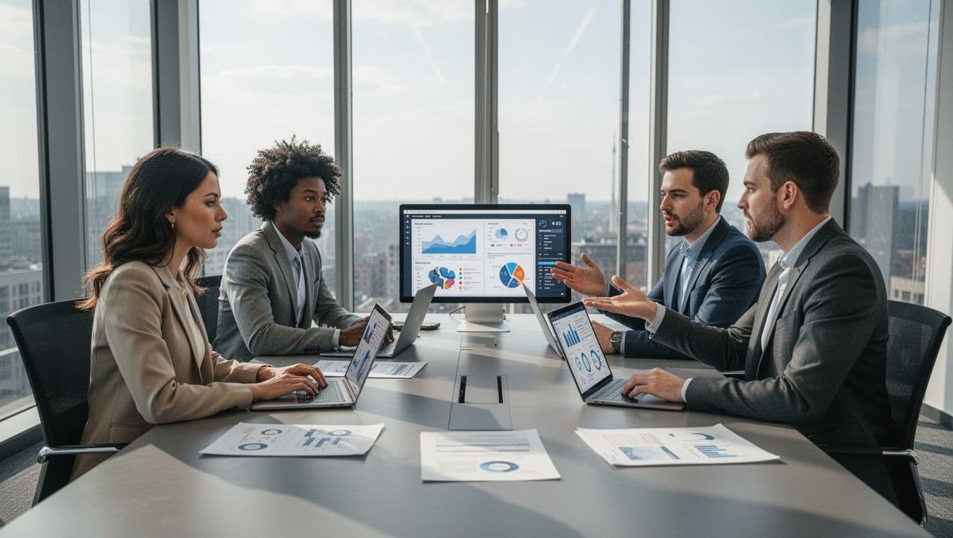 A diverse team of three professionals (two men, one woman) in a modern conference room reviews identity and access management (IAM) software options on laptops with abstract comparison charts, checklists on the table, engaged in natural discussion with natural daylight.