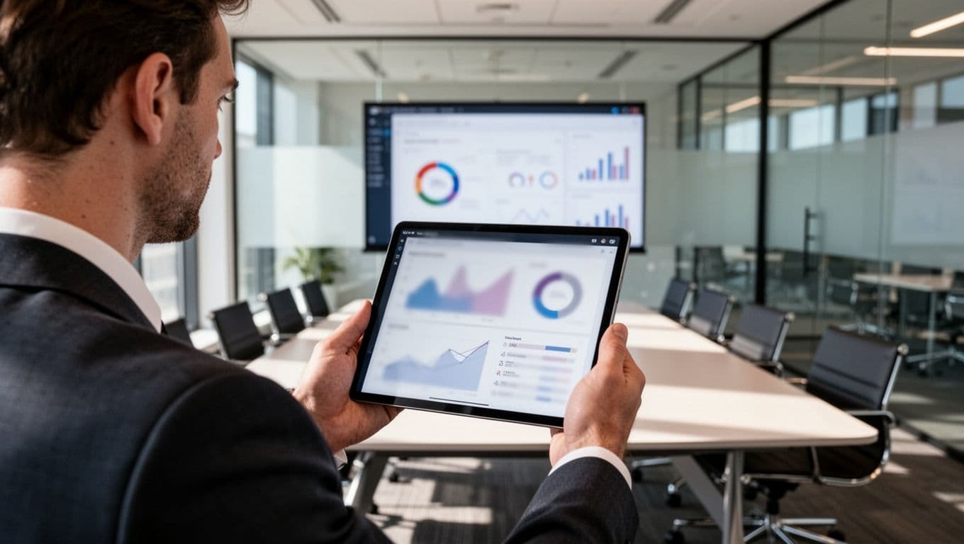 A team lead watches a live SaaS demo on a tablet showing scalability graphs and ROI metrics in a modern conference room. Realistic photography with soft lighting focuses on natural interaction with the blurred screen.