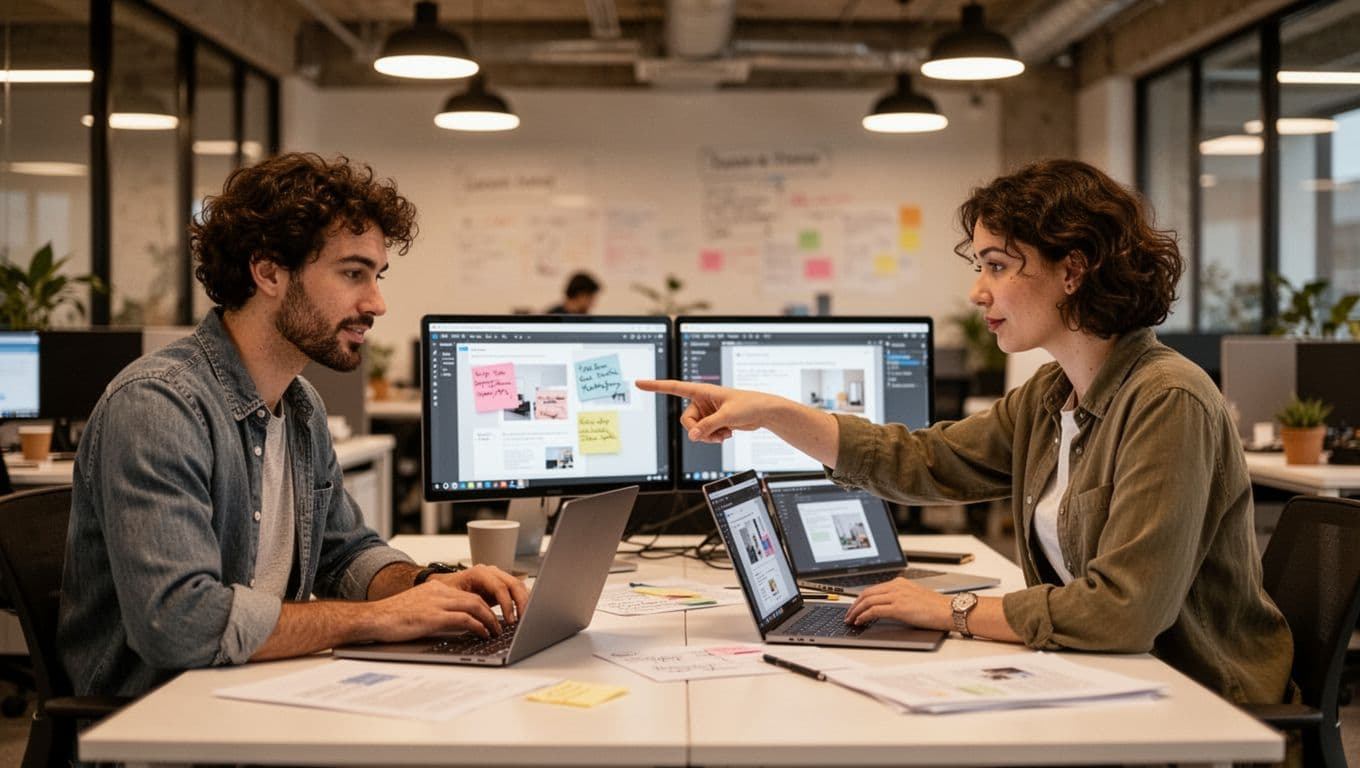 Two creative agency professionals in a modern open office collaborate by reviewing digital designs on shared laptops, with one pointing relaxed at the blurred screen notes in a warm, natural atmosphere.