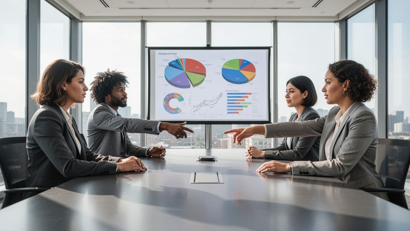 Three diverse professionals in a modern conference room collaborate around a table, pointing at a projected screen showing profitability dashboard with revenue and cost charts and graphs, under bright natural light from large windows.