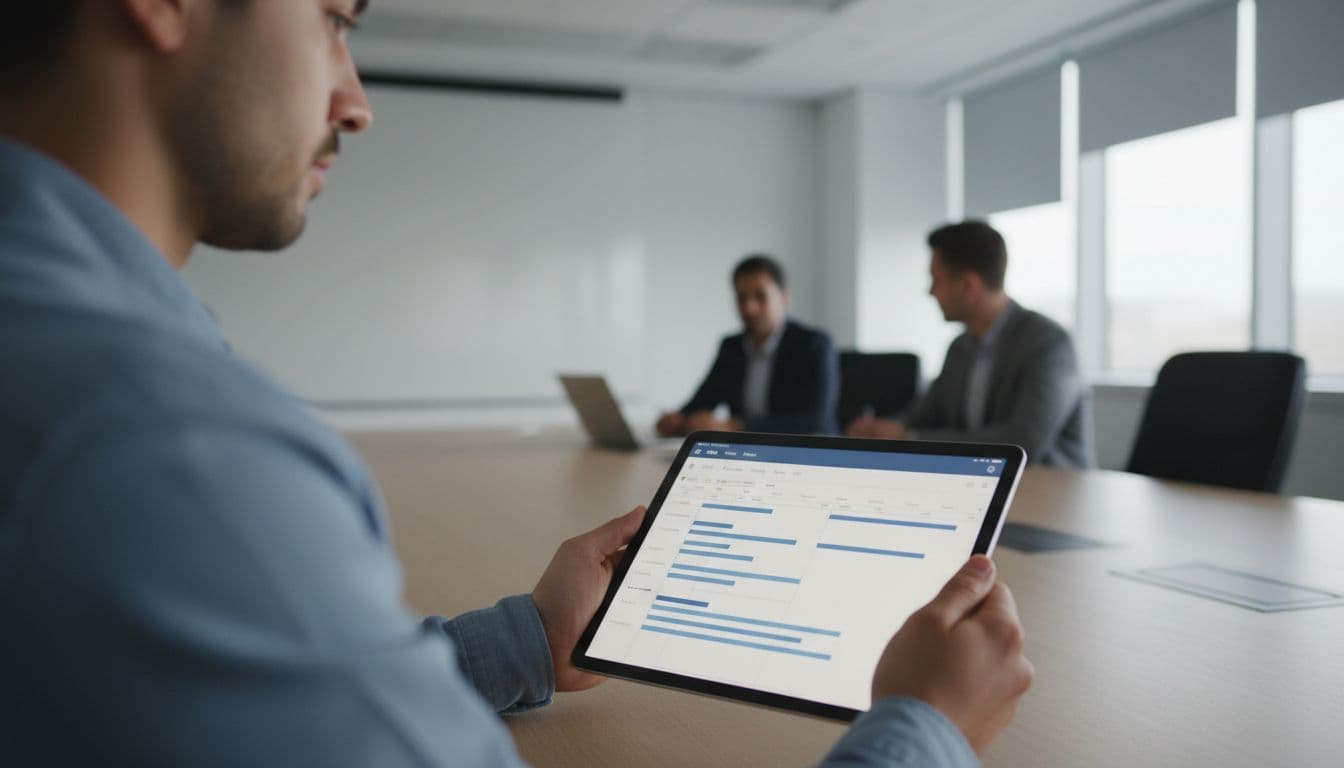 A focused team member updates project timeline on iPad with implied Gantt charts during a professional meeting, blurred colleagues in conference room background.