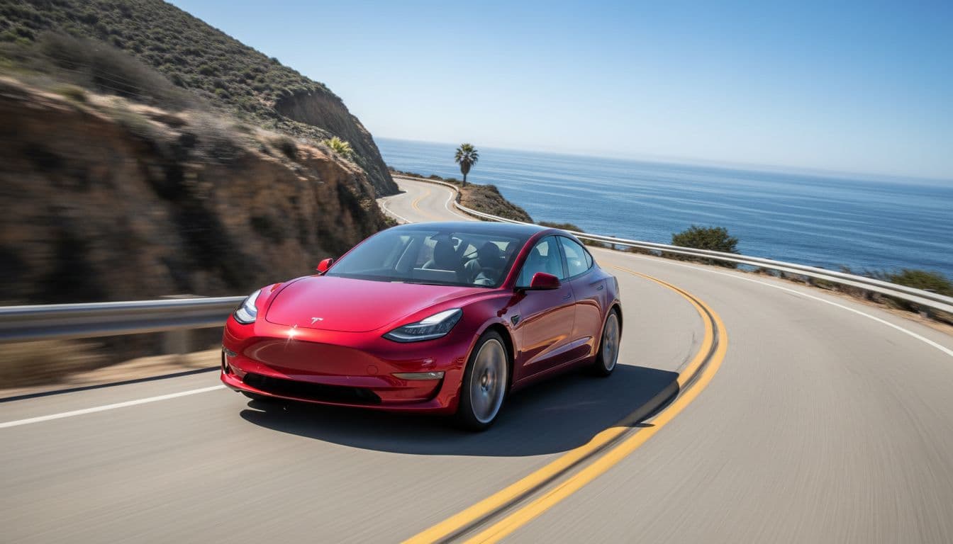 Red Tesla Model 3 speeds through a winding coastal road curve in a low-angle shot, showcasing sporty handling with motion blur on wheels under sunny skies, realistic dynamic action photo.