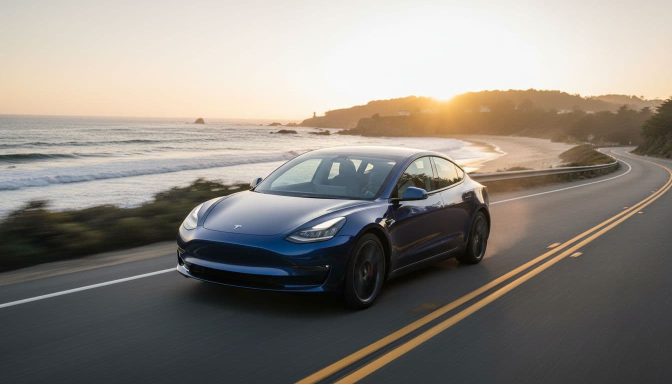 Tesla Model 3 electric sedan driving dynamically on a winding coastal road during golden hour sunlight, low-angle action shot emphasizing sporty handling and speed, with the car centered in frame.