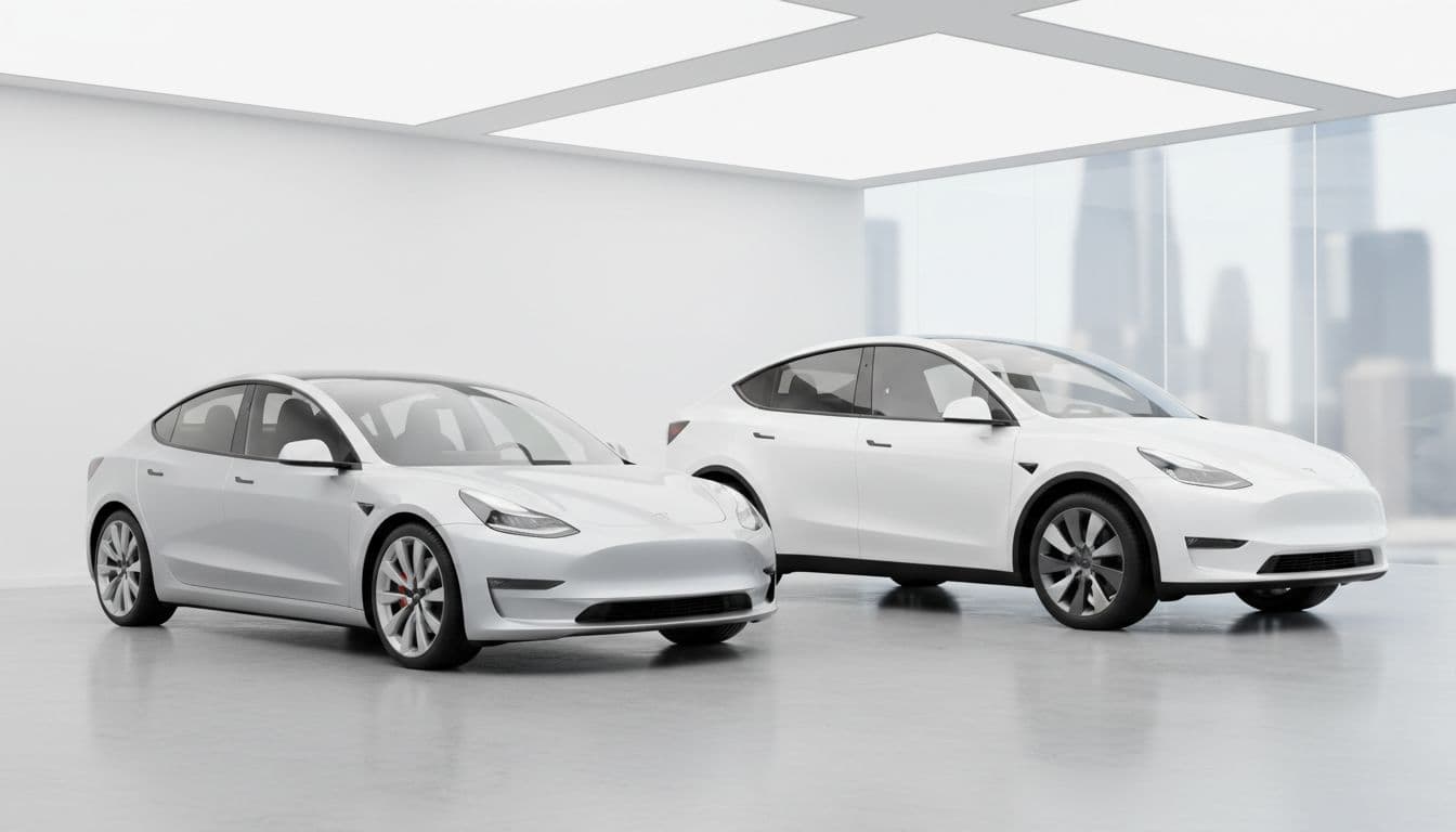 Side-by-side front three-quarter view of a silver Tesla Model 3 sedan on the left and a white Tesla Model Y SUV on the right, parked on a modern showroom floor with clean lighting and no text, logos, people, or extra objects.