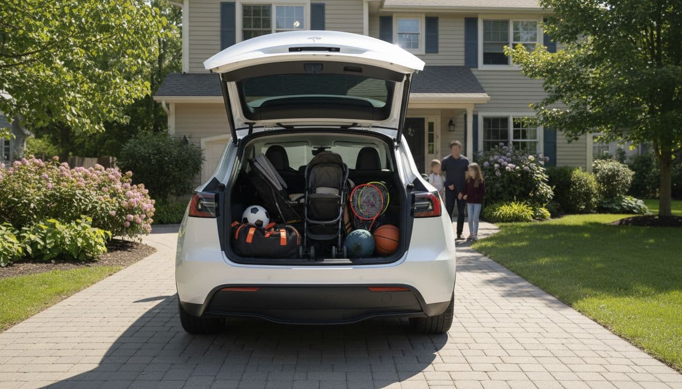 Tesla Model Y electric SUV parked in a suburban driveway with rear hatch open, revealing spacious cargo area filled with strollers and sports gear. A family silhouette inside highlights its tall seating and family-friendly design on a sunny day.