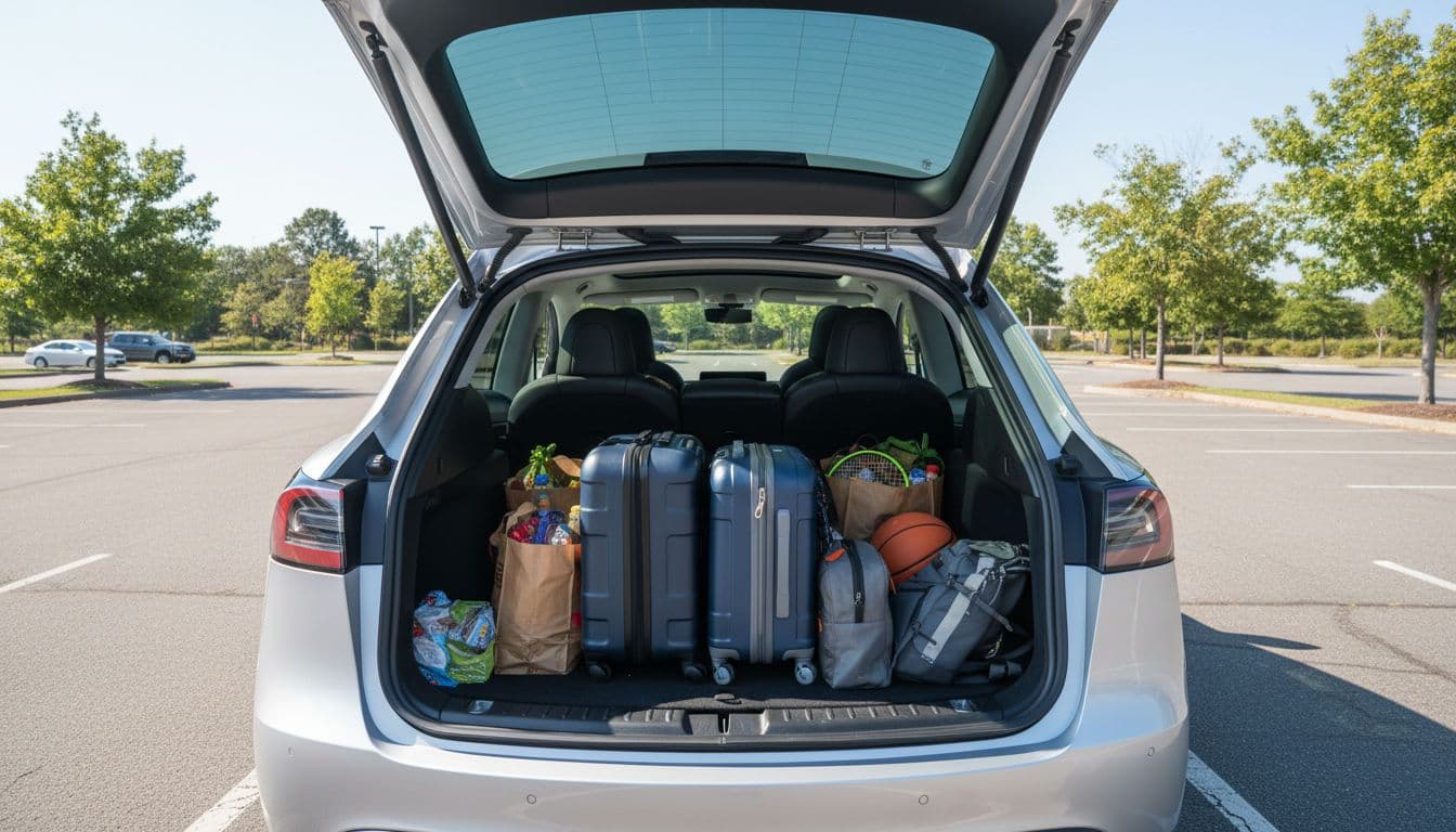 Tesla Model Y with rear hatch open, showcasing a spacious cargo area loaded with groceries, suitcases, and sports gear, viewed from behind in a bright outdoor parking lot.