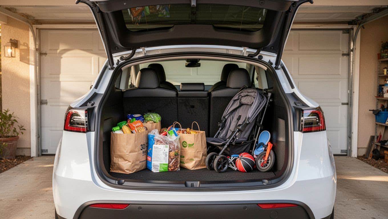 Spacious rear cargo area of a Tesla Model Y with hatchback open, loaded with grocery bags, folded stroller, and sports gear, seats partially folded, in a home garage with soft lighting.