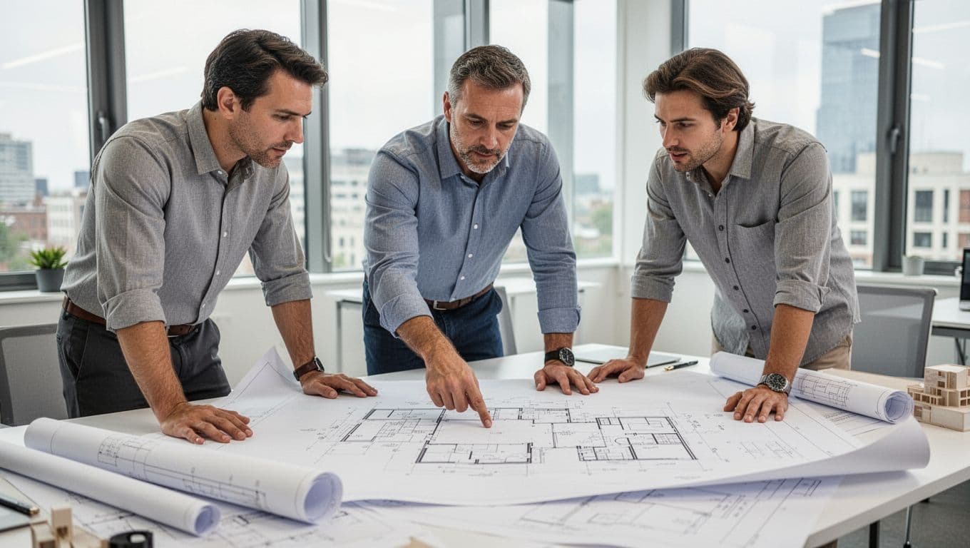 Group of three architects in a bright modern office reviewing large blueprints on a table, one pointing to a section in collaborative discussion, natural window light, realistic photography.