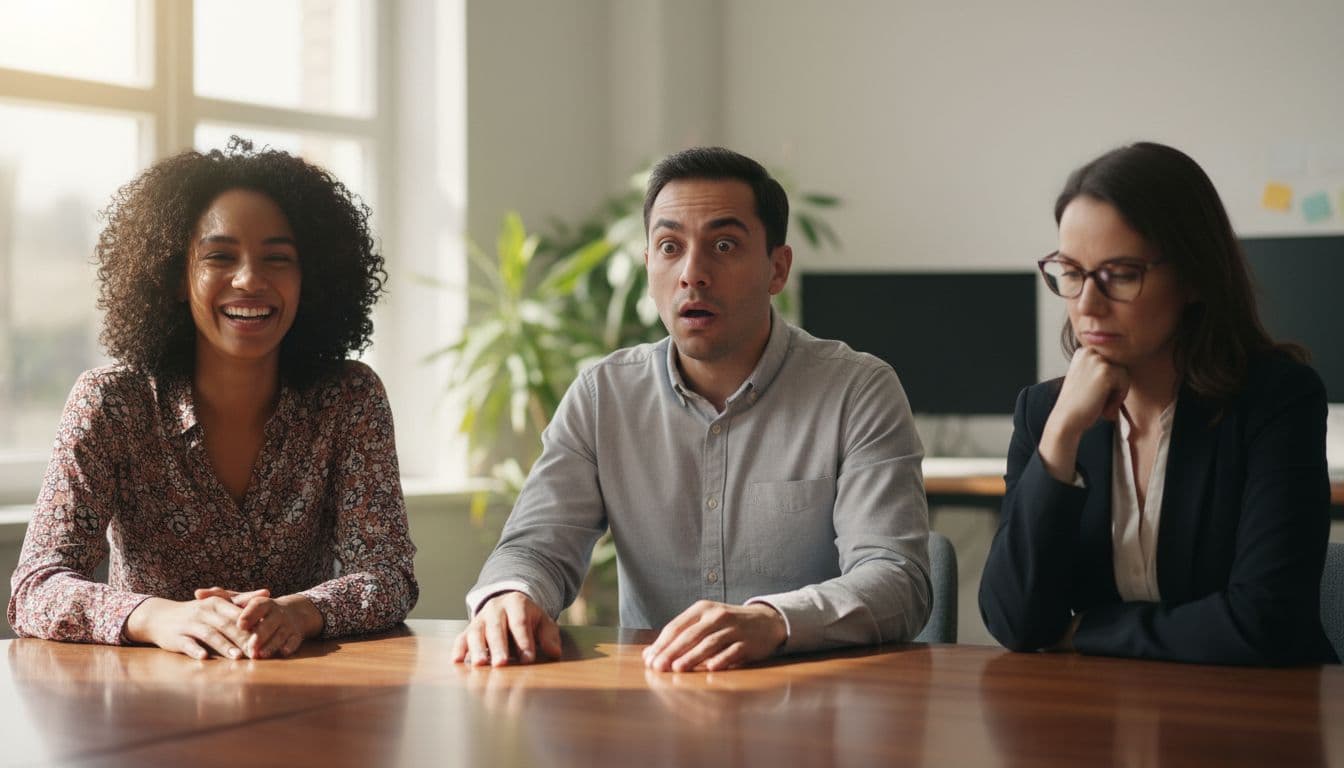 Three diverse adults seated around an office table exhibit happy smiling, surprised with raised eyebrows, and thoughtful expressions under natural window light in a photorealistic style with warm lighting.