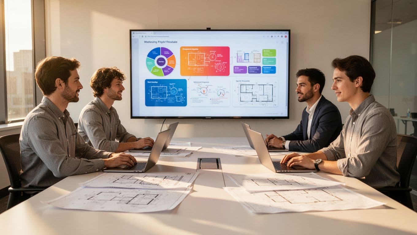 Group of three engineers in a bright conference room collaborating around a large shared screen displaying a project kanban board with tasks, timelines, and assignee avatars, laptops and blueprints on table.