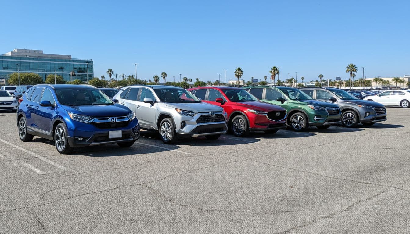 Side-by-side parking lot lineup of five popular used compact SUVs: Honda CR-V, Toyota RAV4, Mazda CX-5, Subaru Forester, and Hyundai Tucson, captured in a realistic photo style with natural daylight and front three-quarter view.