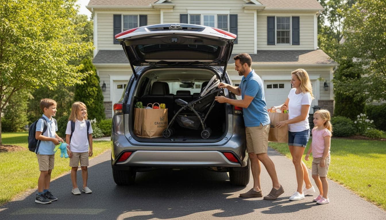 Family of four loads stroller and groceries into Toyota Highlander SUV's spacious cargo area with third-row seats folded, in suburban driveway under bright daylight.