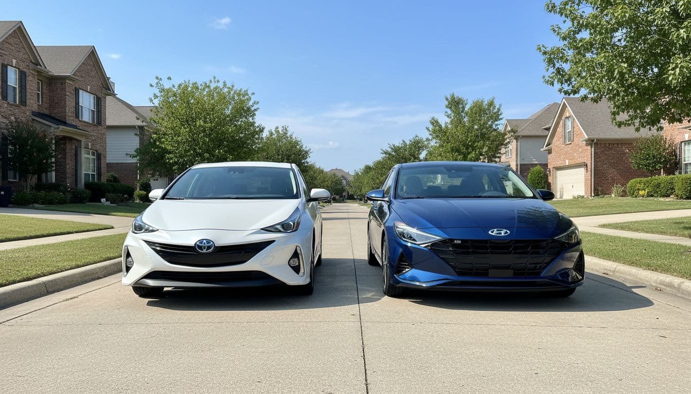 Two modern hybrid cars, Toyota Prius hatchback and Hyundai Elantra Hybrid sedan, parked side by side on a sunny suburban street with clean, centered composition and natural daylight lighting in realistic photography style.
