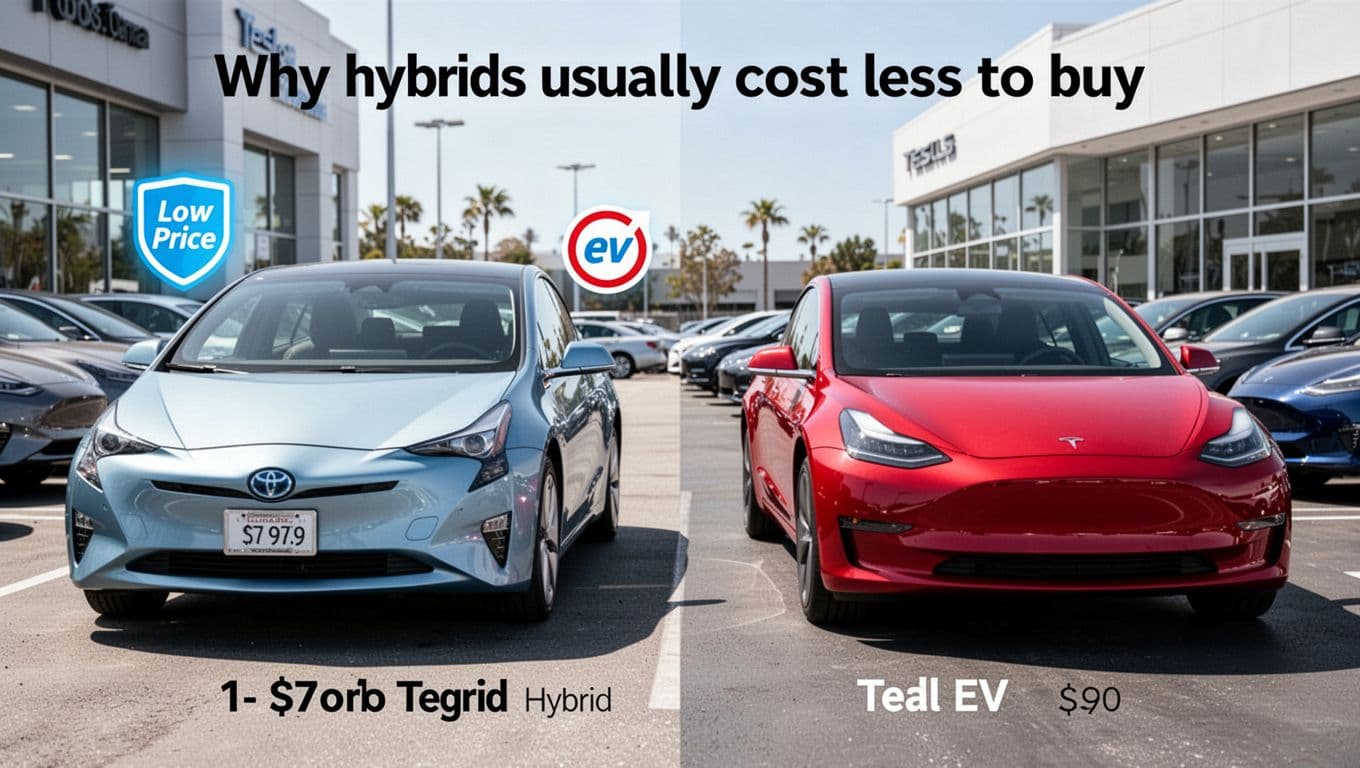 Realistic photo of a Toyota Prius hybrid sedan parked next to a Tesla Model 3 EV in a sunny car dealership lot, with the Prius on the left featuring a prominent low-price badge, emphasizing the price difference in a side-by-side composition.
