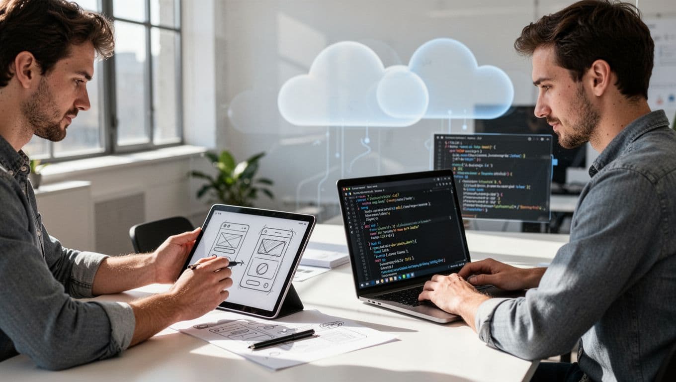 Two software developers collaborate in a sunny modern office; one designs intuitive UI/UX wireframes on a tablet, the other sets up a robust backend on a laptop with blurred screen and subtle cloud icons in the background.