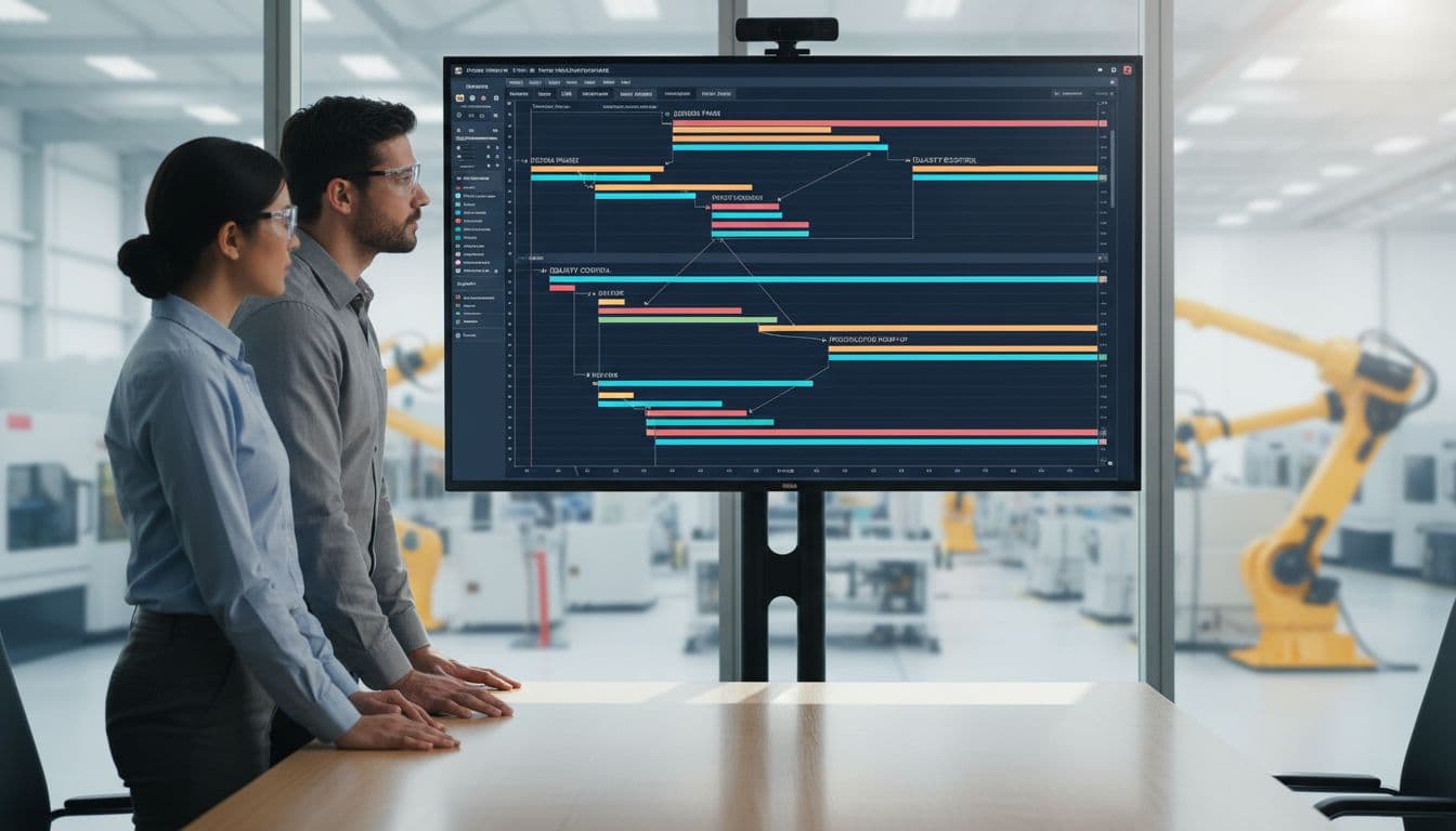 Two engineers in a factory conference room examine a large monitor displaying a digital Gantt chart with project timelines and task dependencies for a new product launch. Modern industrial background with blurred machinery, bright natural light.