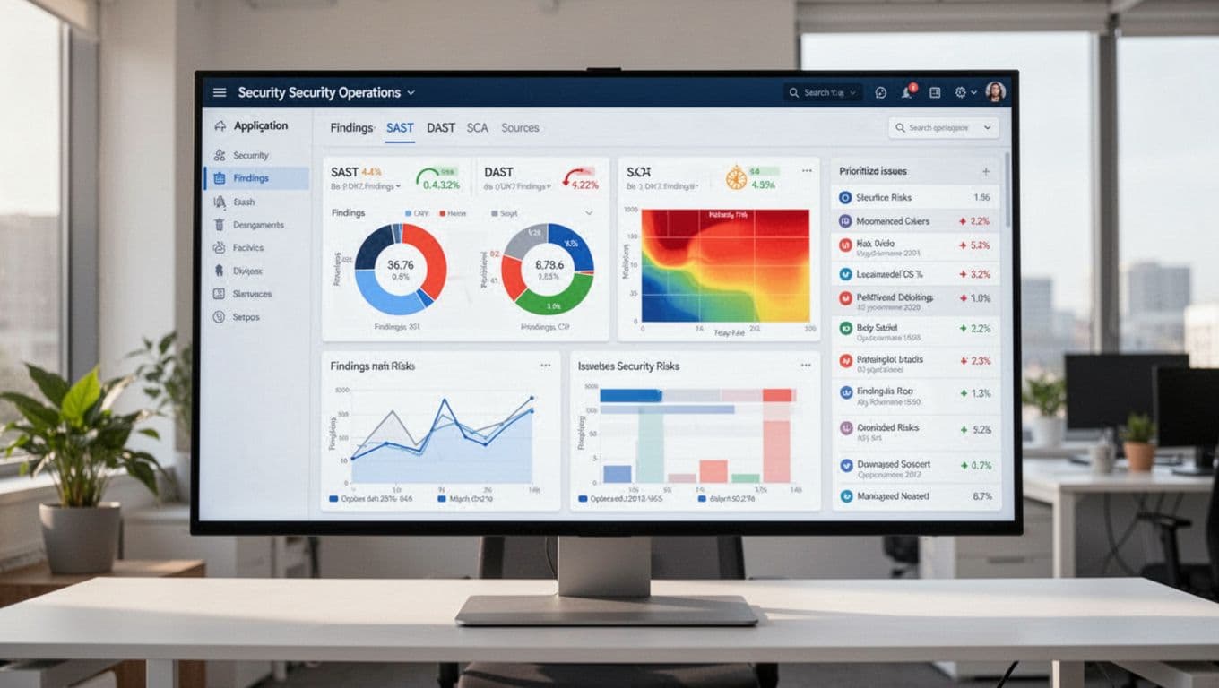 Modern security operations dashboard on a large monitor displaying aggregated appsec risks from SAST, DAST, SCA with charts, heat maps, and prioritized issues in a clean tech office.