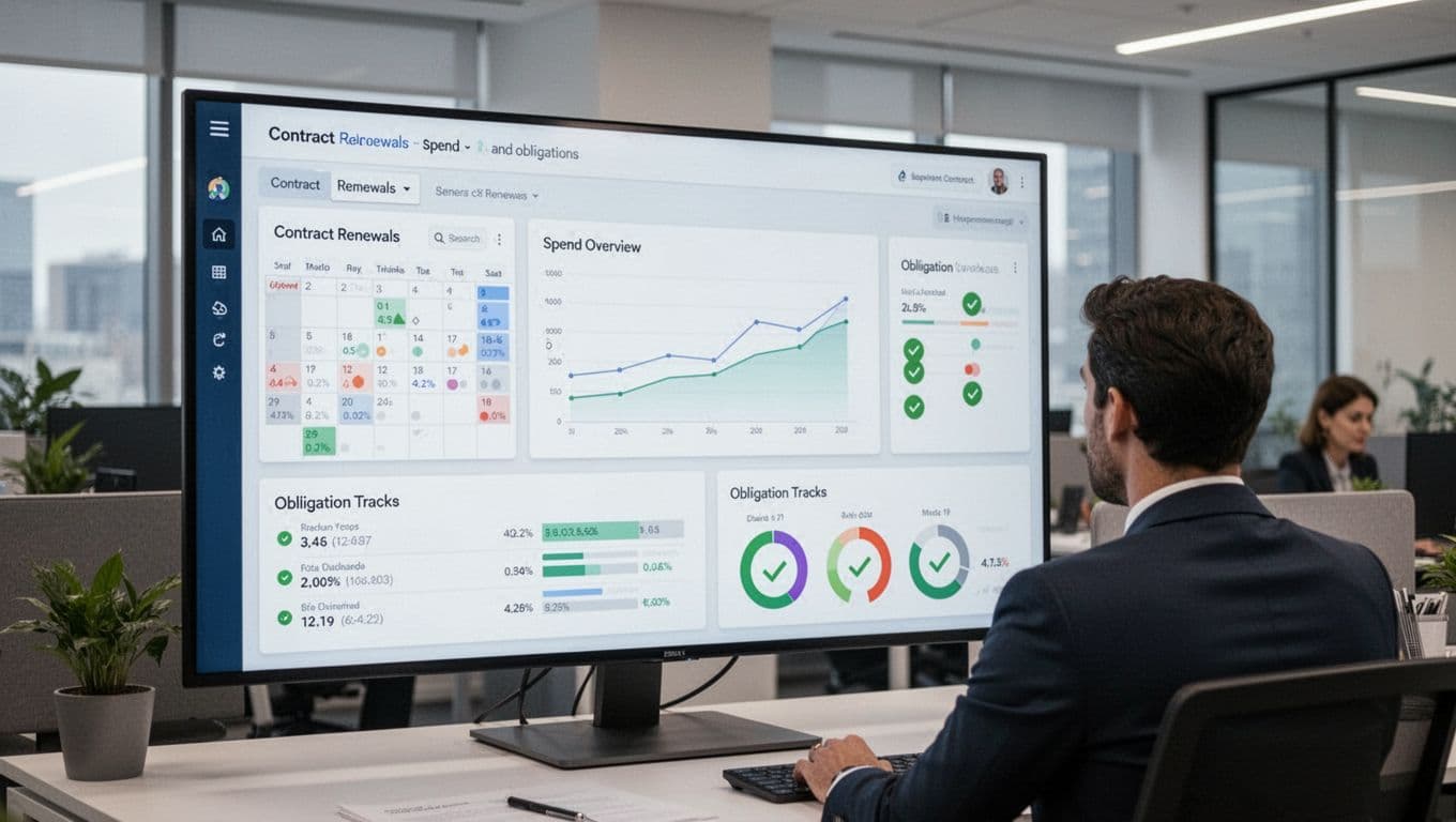 Clean dashboard interface on a large office monitor showing contract renewals calendar, spend overview chart, and obligation trackers with green checkmarks, viewed by one person in a modern office with soft lighting.