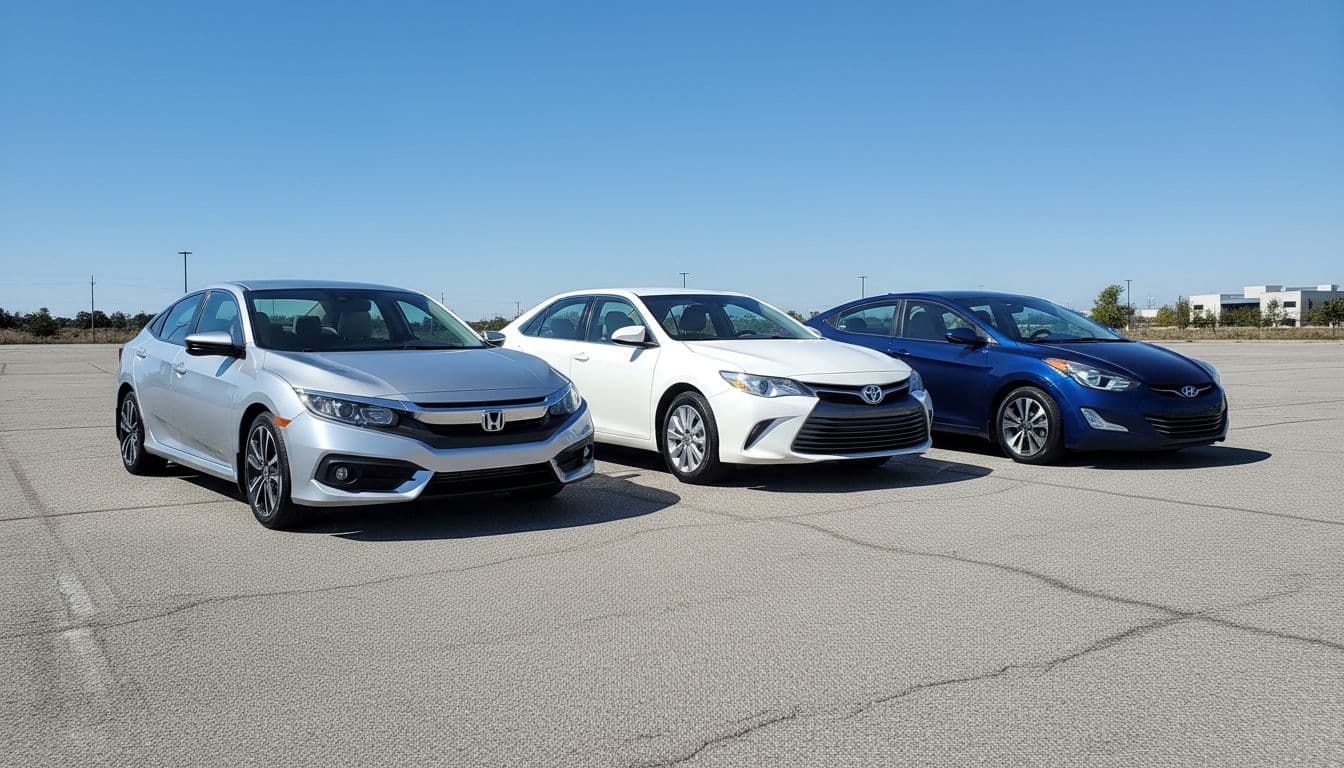 Three clean used sedans—silver Honda Civic, white Toyota Camry, and blue Hyundai Elantra—parked side by side in a spacious outdoor lot under a clear blue sky, front three-quarter view highlighting wheels and headlights in bright daylight.