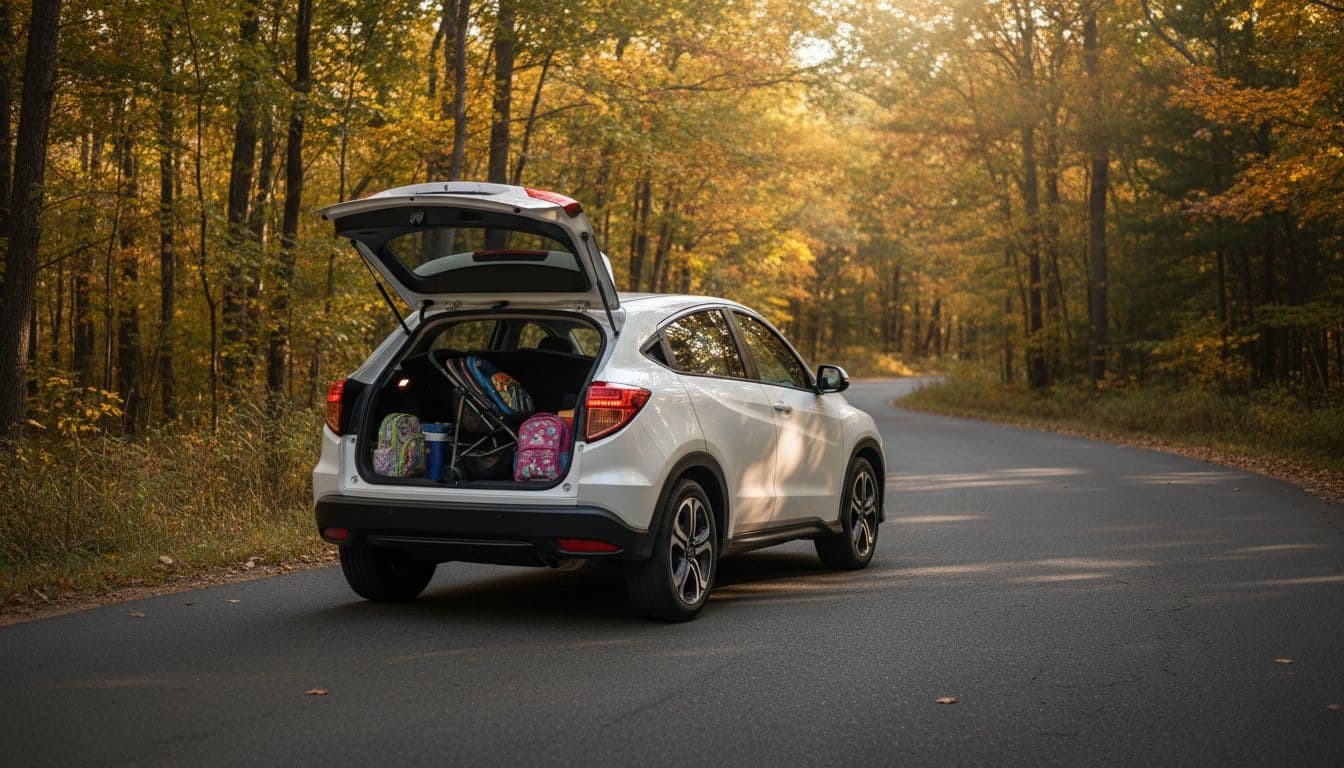 A used white Honda HR-V SUV drives on a winding road through woods, captured in rear three-quarter view to emphasize cargo space, under soft golden hour lighting.