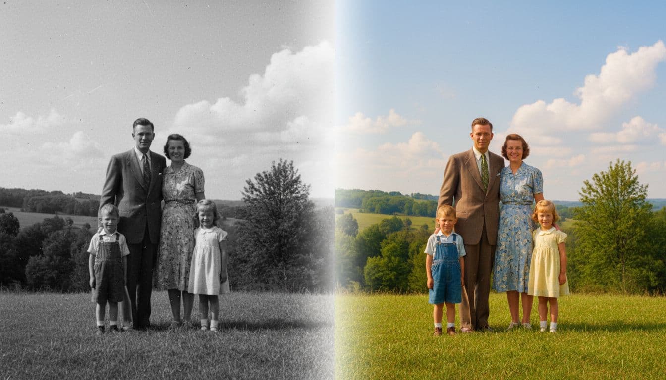 Black and white vintage family video frame on the left side transitions smoothly to a colorized version on the right, showcasing AI-powered color addition to old footage with natural colors on skies, trees, and people in vintage clothing.