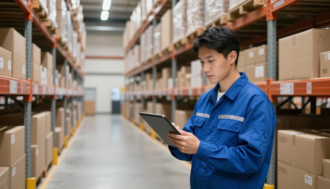 A warehouse worker in blue uniform checks inventory levels on a tablet computer amid tall shelves stocked with cardboard boxes in a modern warehouse. Captured from a low wide-angle perspective in realistic photography style with bright overhead lighting.