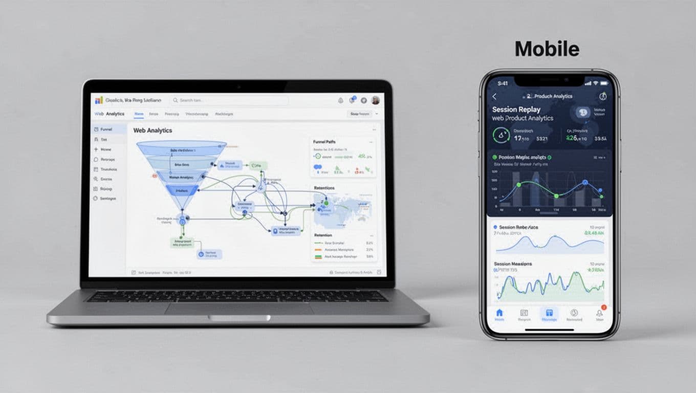 Side-by-side professional photography of a laptop screen showing web analytics funnel and paths next to a smartphone screen displaying mobile app session replay and retention metrics on a neutral gray background.