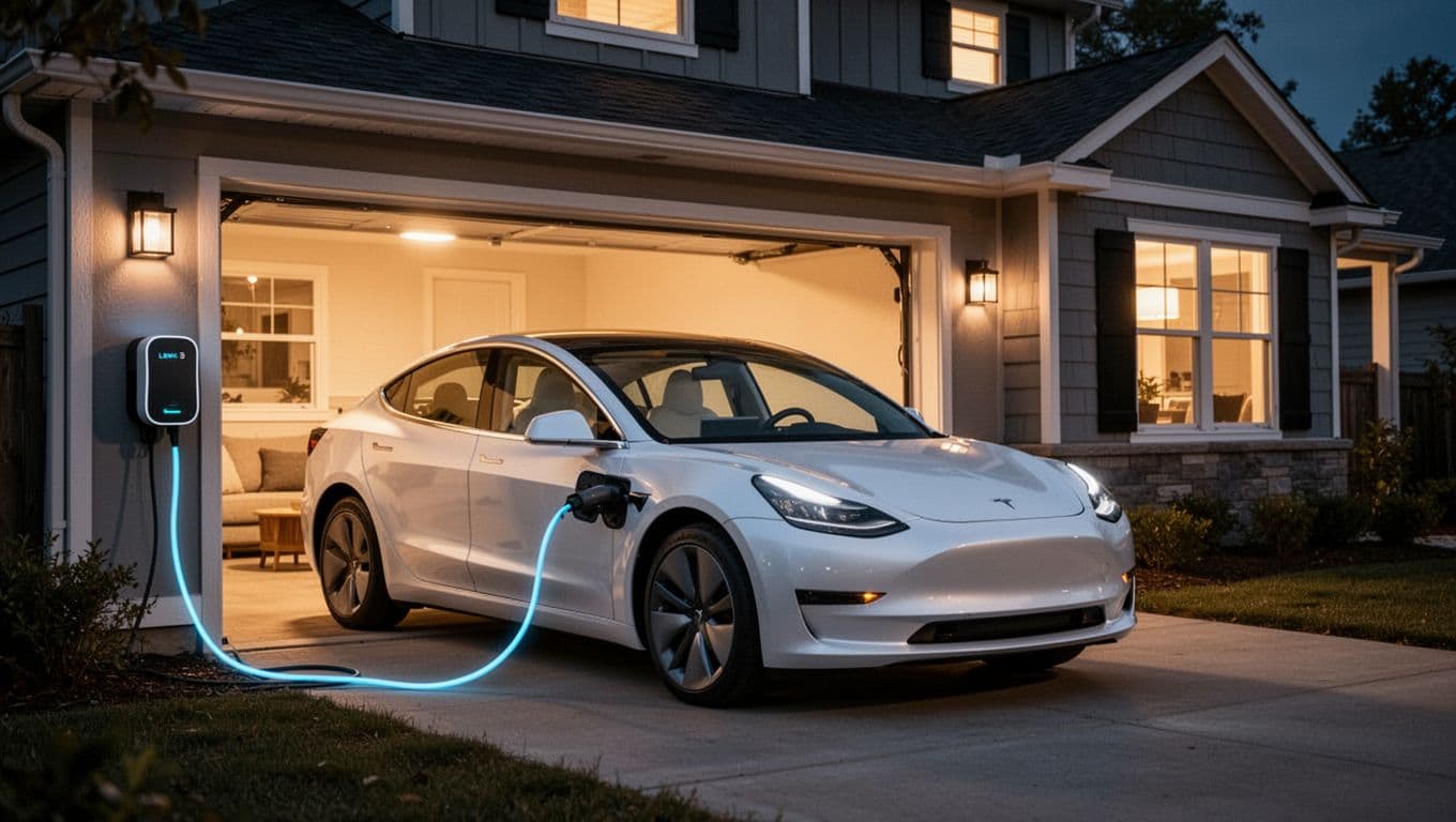 White electric sedan parked in open garage of modern US suburban home at night, connected to Level 2 wall charger with glowing cable, warm interior lights visible through window.