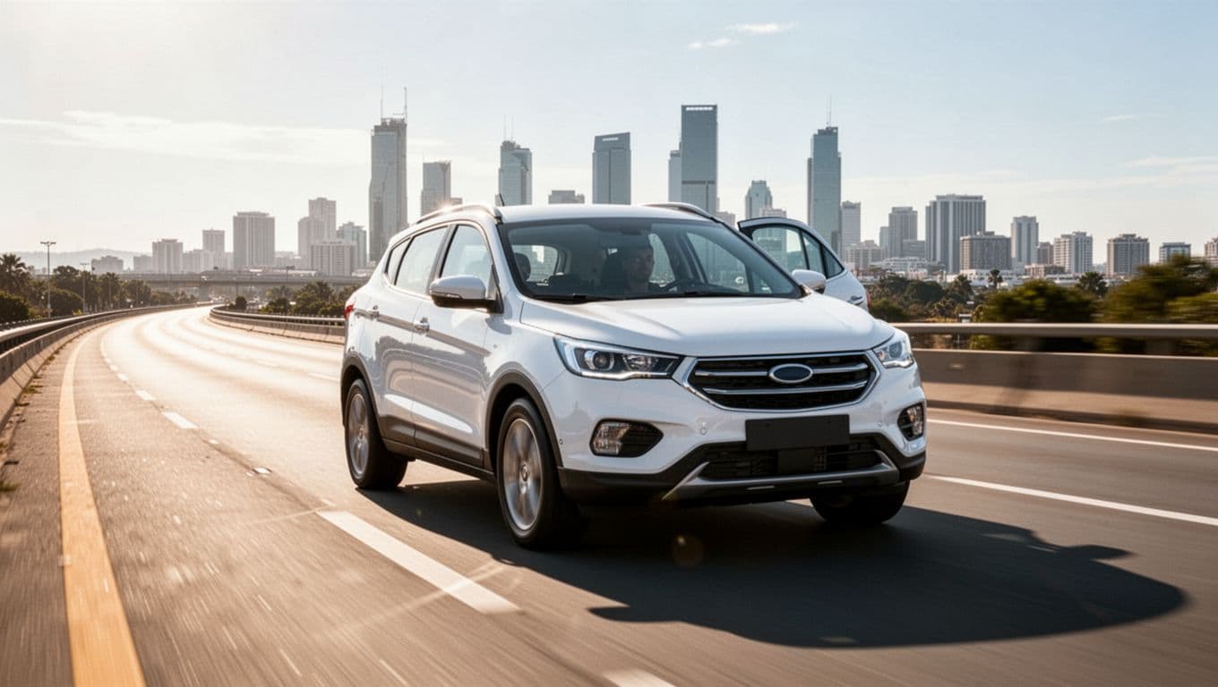 A sleek white Volkswagen Taos compact SUV drives on a smooth sunny highway during daytime, demonstrating stable handling and comfort with a distant city skyline in the background.