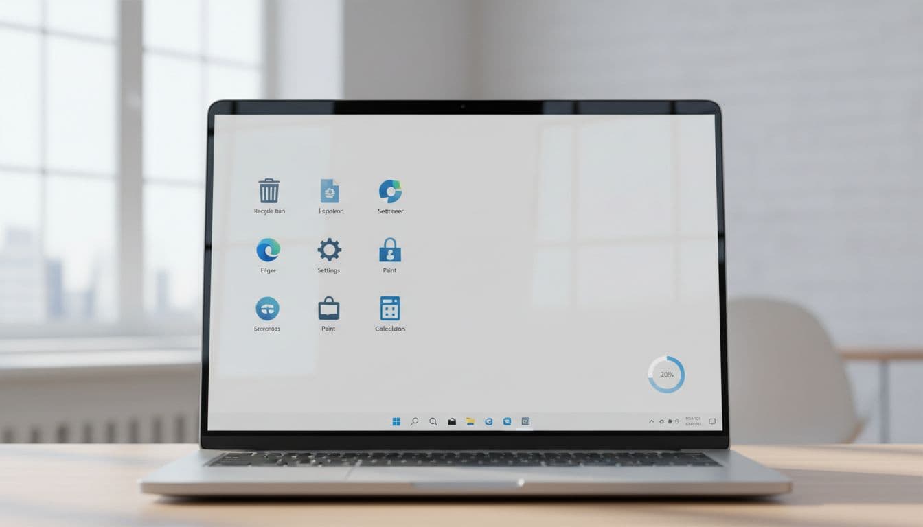 A clean modern Windows 11 desktop interface on a laptop screen, featuring organized icons and a low storage usage indicator in a bright office setting with soft natural lighting. Realistic style, no text, UI details, watermarks, or borders.