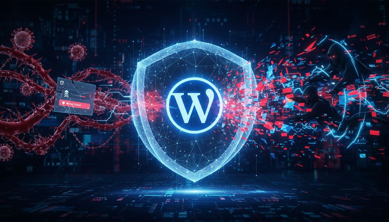 Digital shield protecting WordPress site icon from malware, brute force attacks, DDoS floods, and hackers in dark cyber background with dramatic lighting.