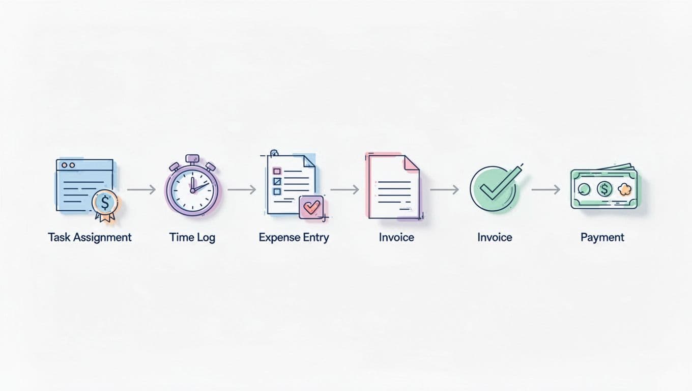Simple line icon flow diagram illustrating task assignment to time log, expense entry, invoice sent, and payment received checkmark, using pastel colors on white background in blueprint flat design style.