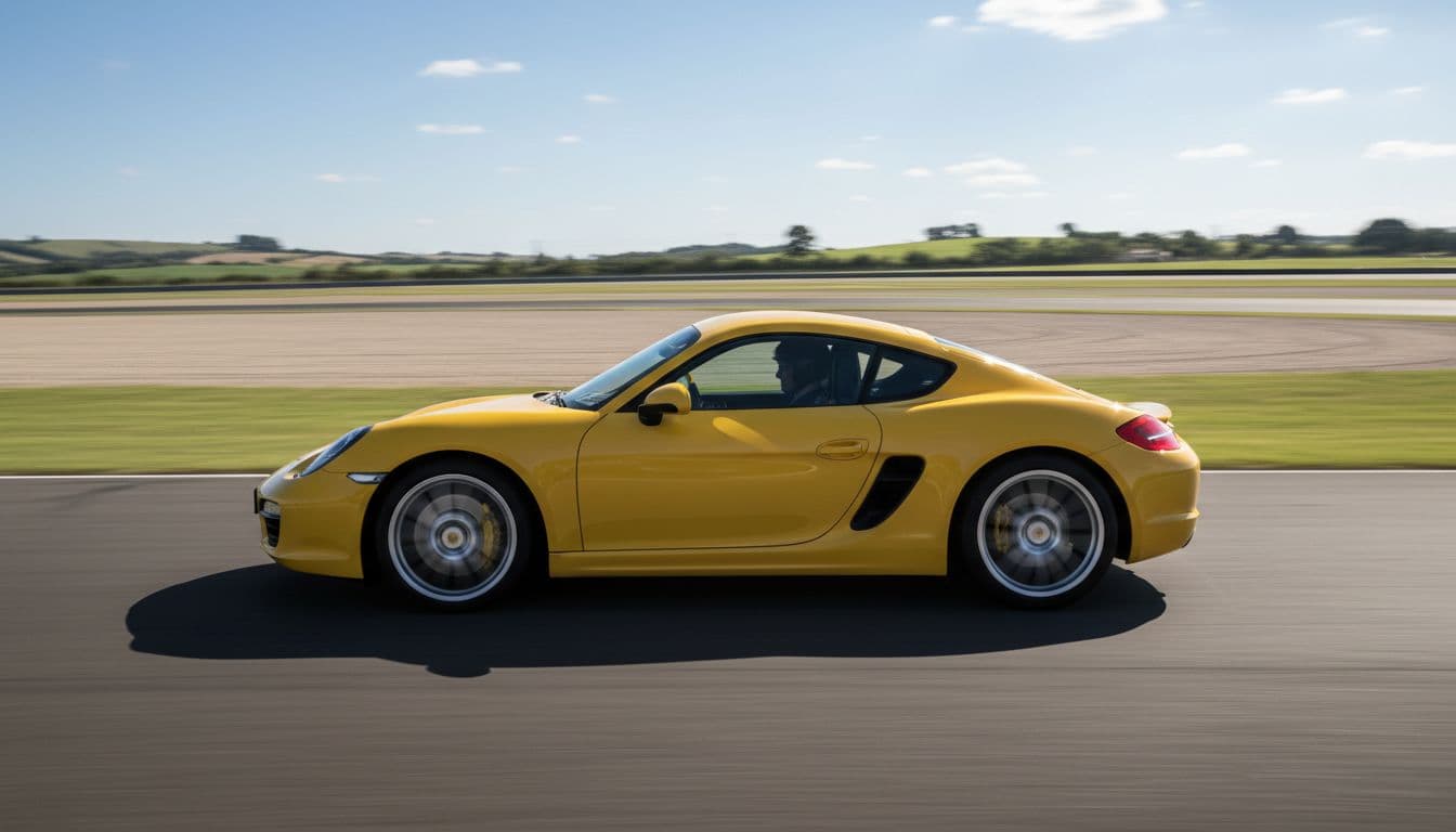 Yellow Porsche 987 Cayman S on a racetrack turn in dynamic side profile pose, clear daytime, photorealistic high detail, exactly one car, no people, text, logos or watermarks.