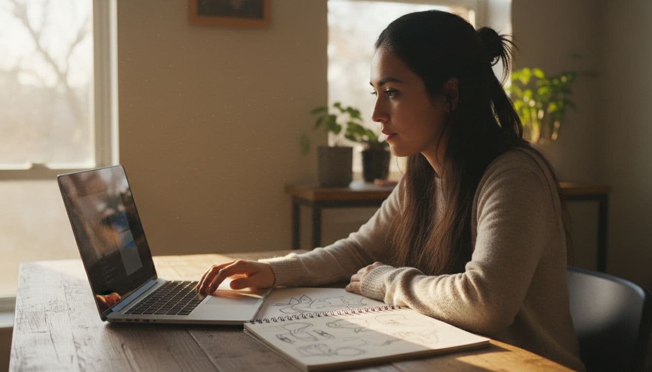 Focused young artist at wooden desk in sunny home office types detailed prompt into AI image generator on laptop, notebook with sketches nearby, warm natural light.