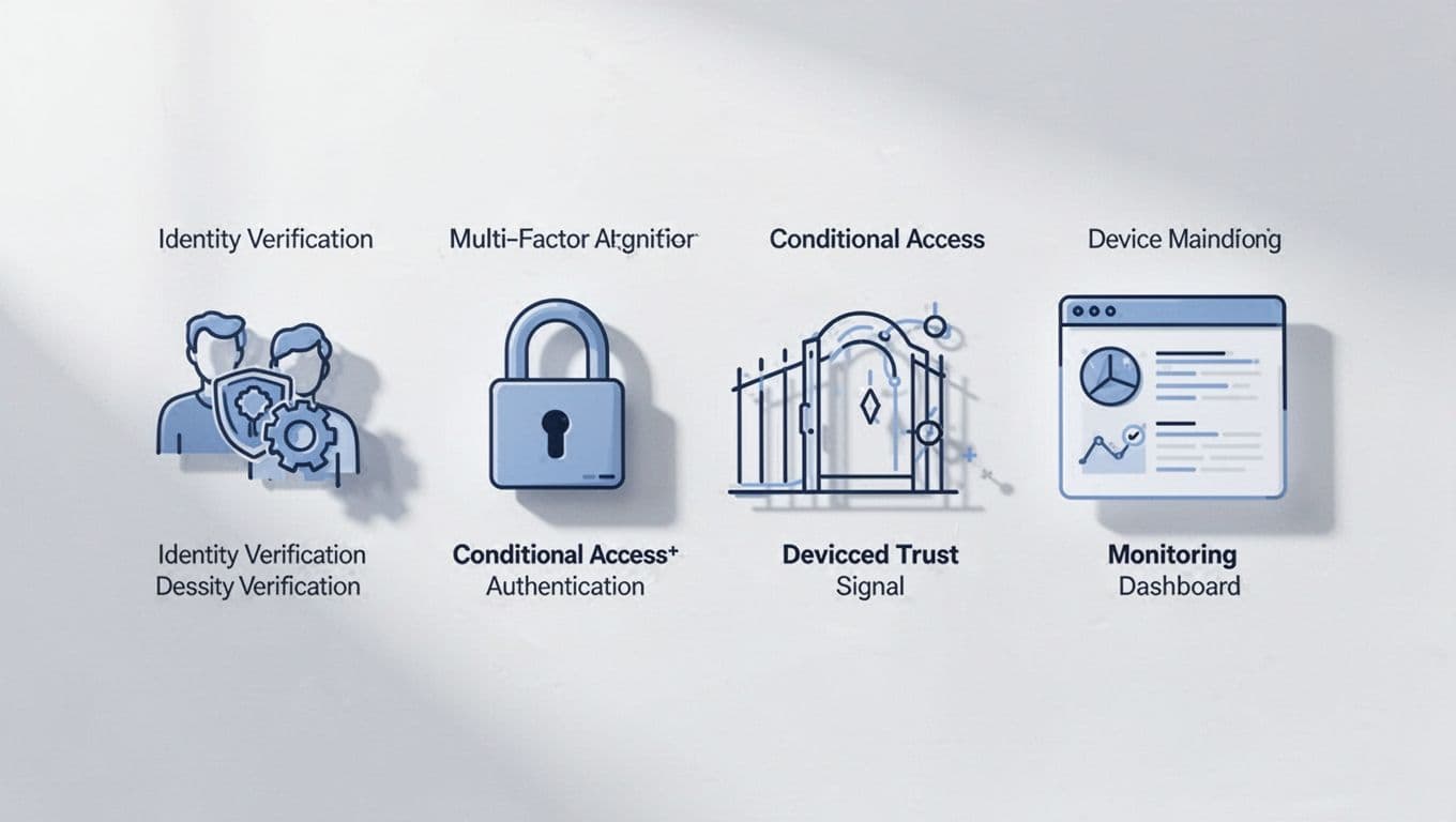 Clean infographic diagram illustrating key zero trust IAM components as building blocks: identity proofing, MFA lock, conditional access gates, device trust signals, and monitoring dashboard, using simple blue-toned icons on a white background.